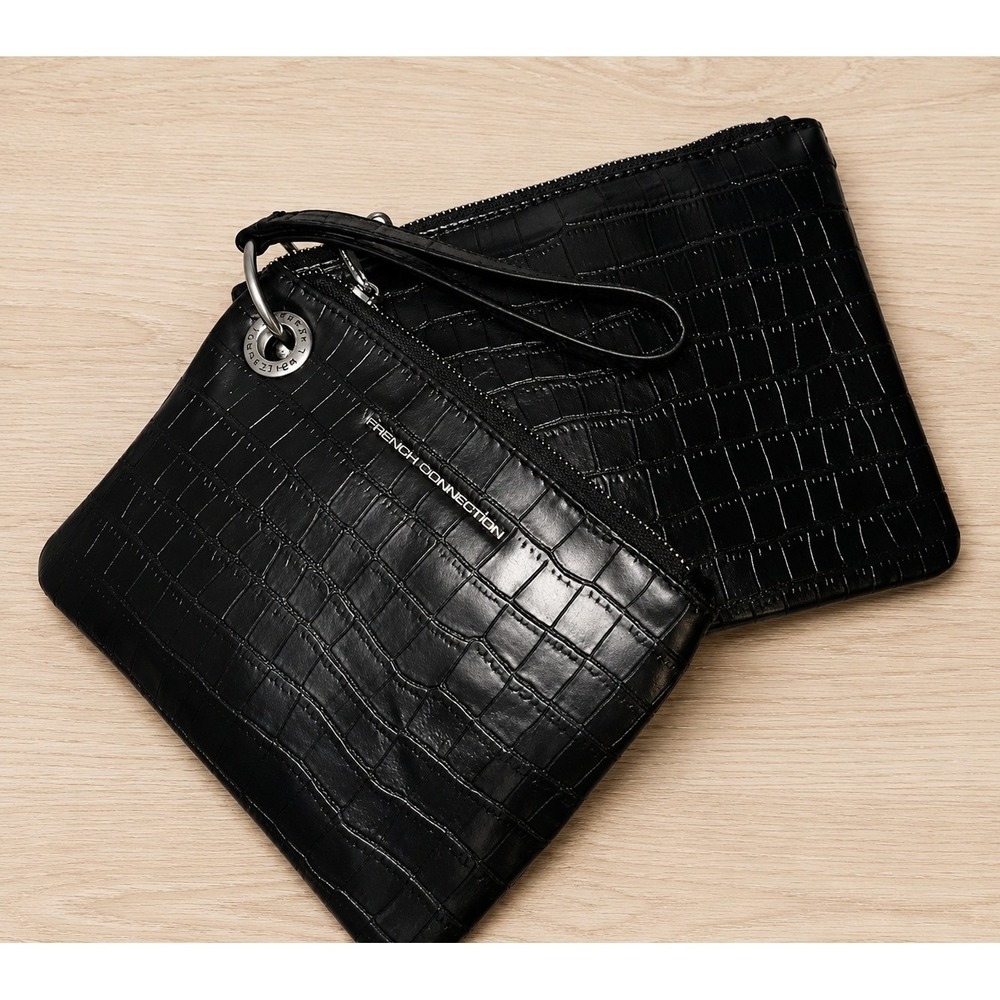 French Connection Black Croc Embossed Double Zip Wristlet Clutch NWT